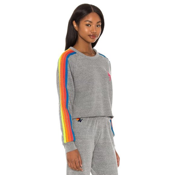 AVIATOR NATION Grey Neon Rainbow Bolt Embroidery Fleece Crop Sweatshirt, Size M - Picture 2 of 16